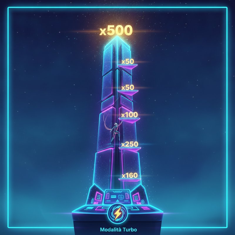 Slot Tower Rush sviluppata da Galaxsys, con imponente torre verticale dai colori neon, sistema di moltiplicatori che crescono progressivamente dal livello x1 fino al massimo x500, design futurista con interfaccia che mostra i livelli di salita e funzione Turbo integrata